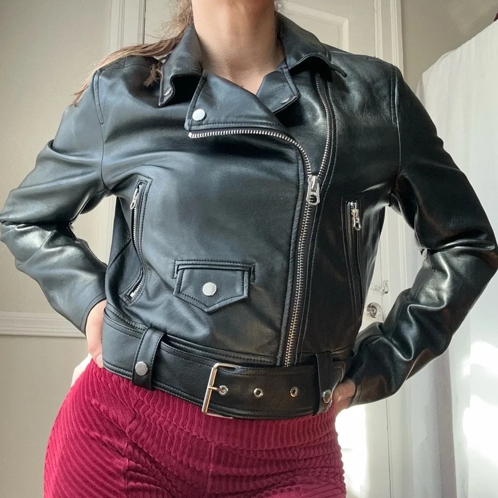 Bershka Black Faux Leather Biker Moto Jacket‎ Full Zip Grunge Lg NWOT - Picture 12 of 15